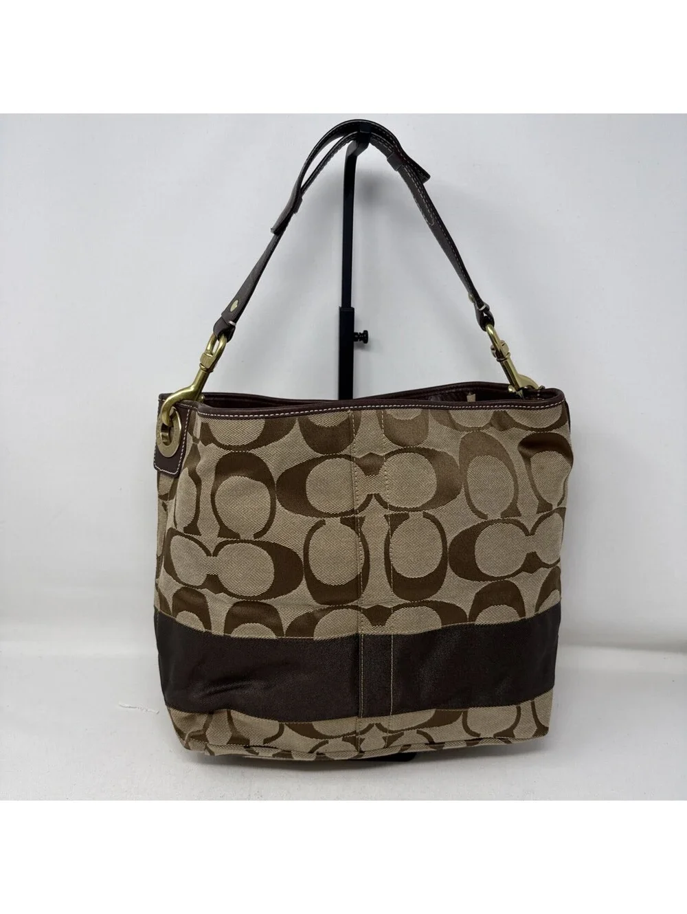Coach F13674 Canvas Leather Brown Signature Shoulder Bag